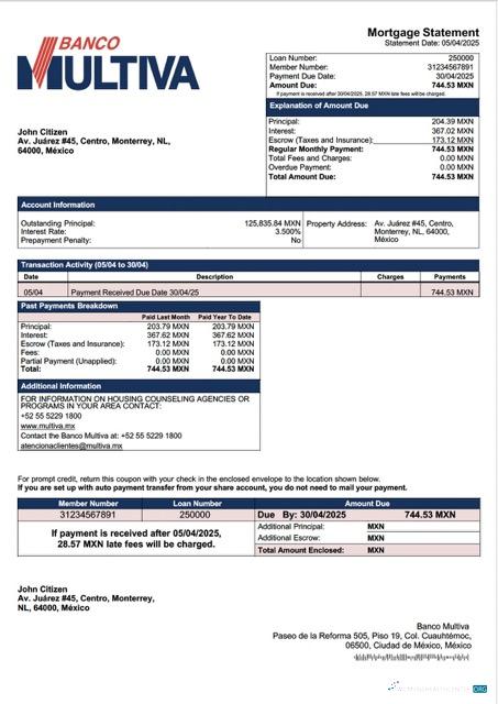 Качественный Скачать Мексика Banco Multiva Ипотека Выписка Word и PDF Шаблон Photoshop Шаблон