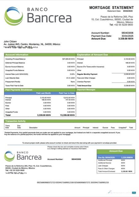 Редактируемый Скачать Мексика Bancrea Ипотека Выписка Word и PDF Шаблон Photoshop Шаблон