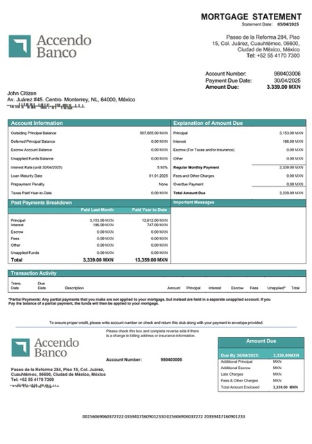 Реалистичный Скачать Мексика Accendo Banco Ипотека Выписка Word и PDF Шаблон Photoshop Шаблон