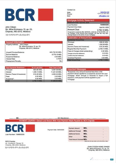 Реалистичный Скачать Молдова BCR Chișвău Ипотека Выписка Word и PDF Шаблон Photoshop Шаблон
