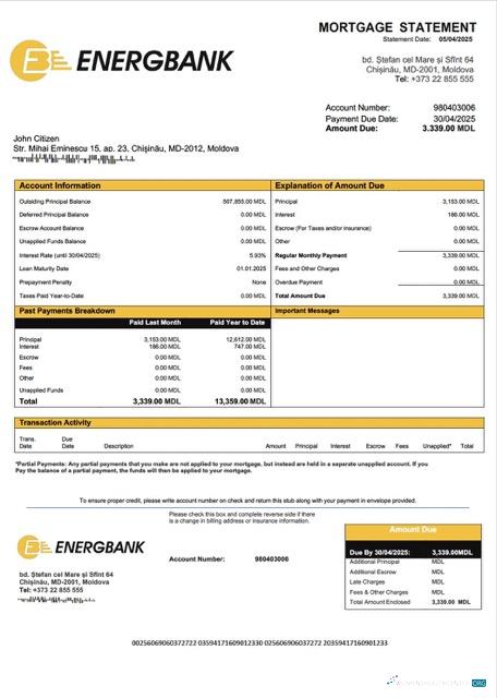 Профессиональный Скачать Молдова Energbank Ипотека Выписка Word и PDF Шаблон Photoshop Шаблон