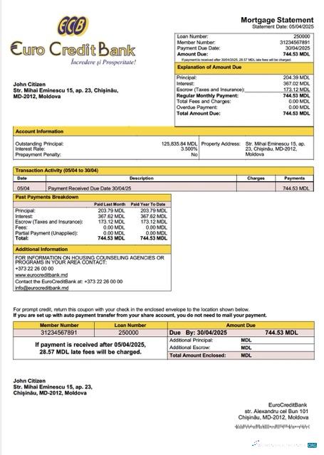 Качественный Скачать Молдова EuroCreditBank Ипотека Выписка Word и PDF Шаблон Photoshop Шаблон