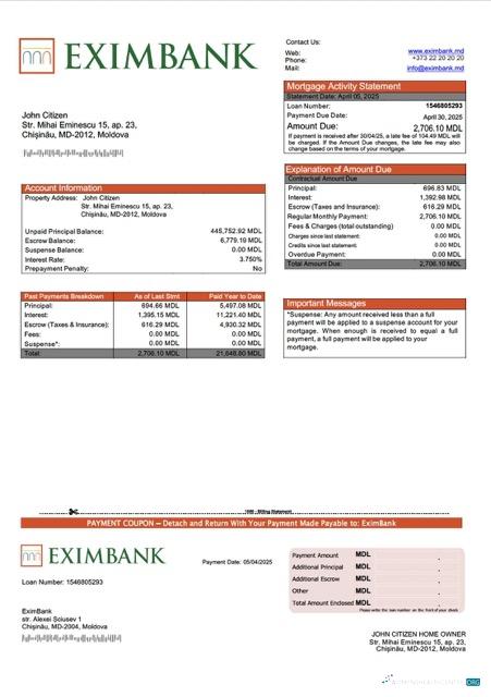 Профессиональный Скачать Молдова EximBank Ипотека Выписка Word и PDF Шаблон Photoshop Шаблон