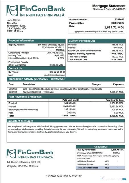 Реалистичный Скачать Молдова FinComBank Ипотека Выписка Word и PDF Шаблон Photoshop Шаблон