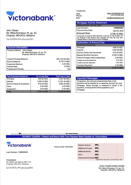 Реалистичный Скачать Молдова Victoriabank Ипотека Выписка Word и PDF Шаблон Photoshop Шаблон