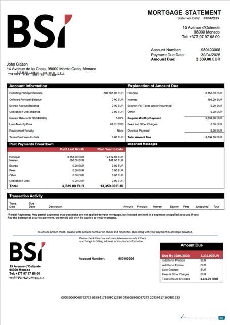 Качественный Скачать Монако BSI Монако Ипотека Выписка Word и PDF Шаблон Photoshop Шаблон