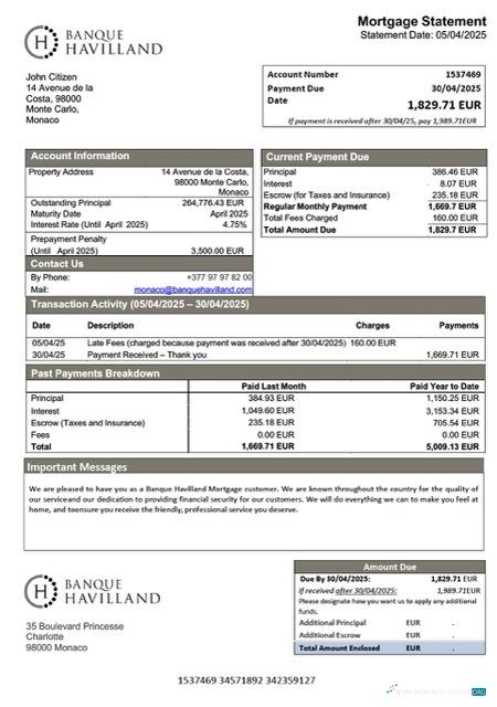 Премиум Скачать Монако Banque Havilland Ипотека Выписка Word и PDF Шаблон Photoshop Шаблон