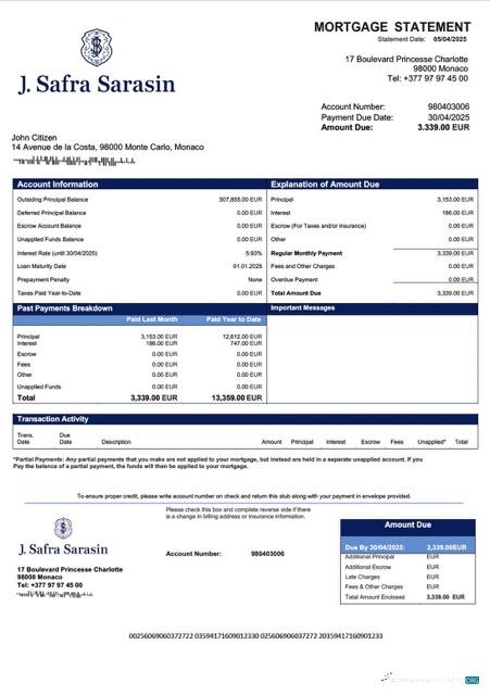 Редактируемый Скачать Монако Banque J. Safra (Монако) Ипотека Выписка Word и PDF Шаблон Photoshop Шаблон