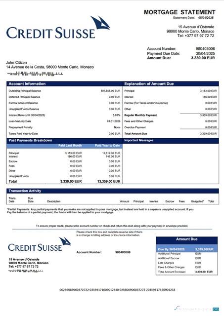 Премиум Скачать Монако Кредитная Suisse (Монако) Ипотека Выписка Word и PDF Шаблон Photoshop Шаблон