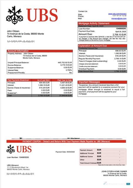 Премиум Скачать Монако UBS (Монако) Ипотека Выписка Word и PDF Шаблон Photoshop Шаблон