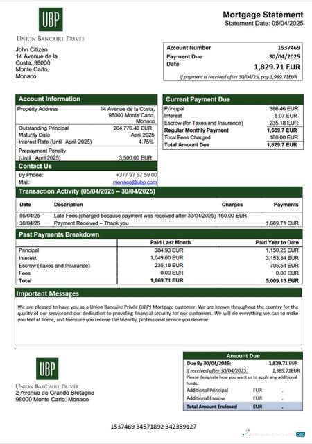 Качественный Скачать Монако Юнион Bancaire Privée (UBP) Ипотека Выписка Word и PDF Шаблон Photoshop Шаблон