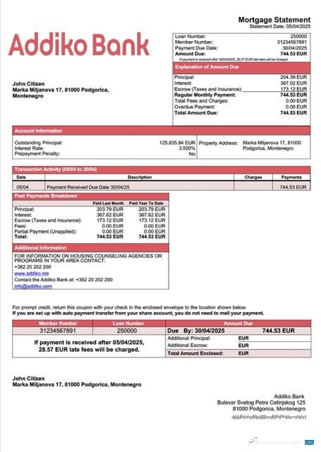 Качественный Скачать Черногория Addiko Банк Ипотека Выписка Word и PDF Шаблон Photoshop Шаблон