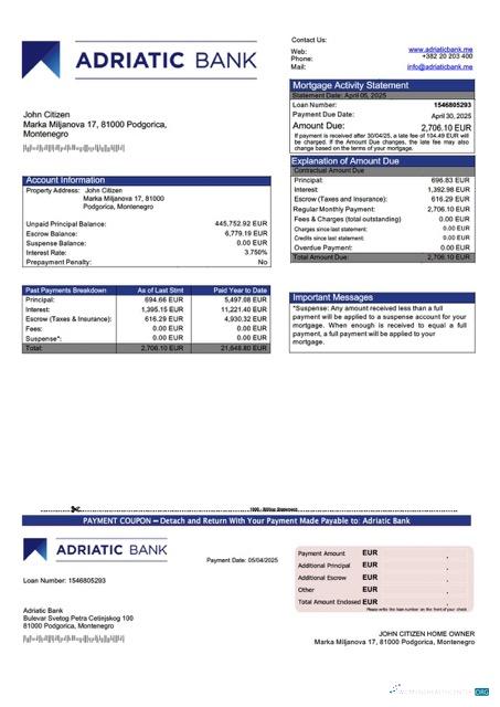 Редактируемый Скачать Черногория Adriatic Банк Ипотека Выписка Word и PDF Шаблон Photoshop Шаблон