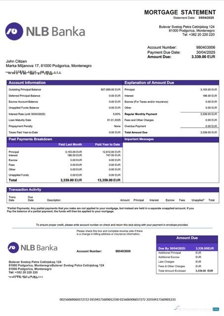 Качественный Скачать Черногория NLB Banka Podgorica Ипотека Выписка Word и PDF Шаблон Photoshop Шаблон