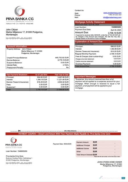Качественный Скачать Черногория Prva Banka Crne Gore Ипотека Выписка Word и PDF Шаблон Photoshop Шаблон