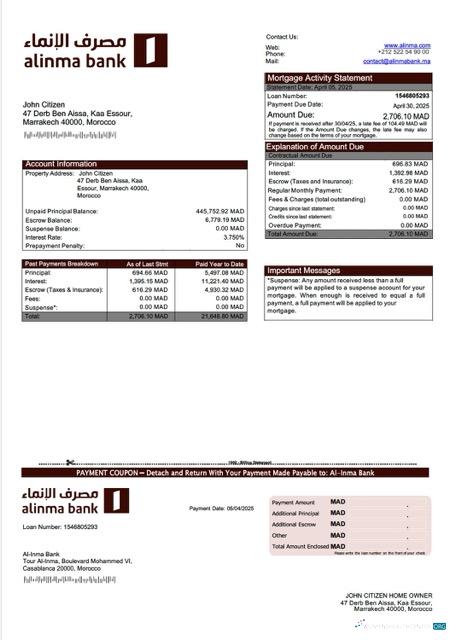 Редактируемый Скачать Марокко Al Inma Банк Ипотека Выписка Word и PDF Шаблон Photoshop Шаблон
