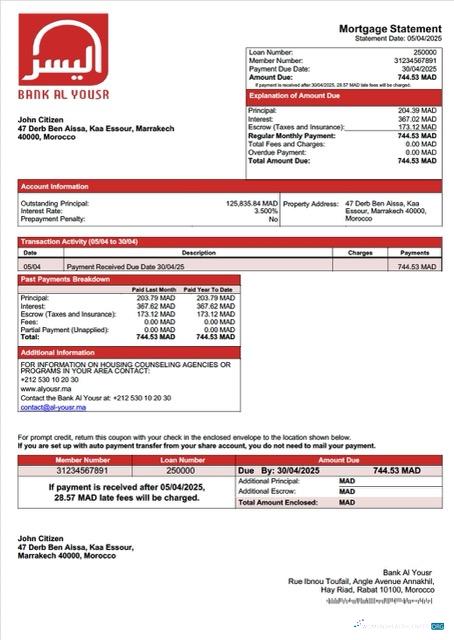 Реалистичный Скачать Марокко Банк Al Yousr Ипотека Выписка Word и PDF Шаблон Photoshop Шаблон