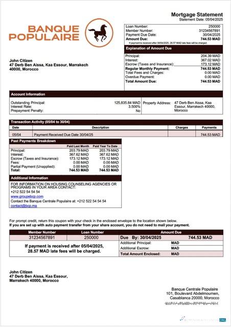 Редактируемый Скачать Марокко Banque Centrale Populaire Ипотека Выписка Word и PDF Шаблон Photoshop Шаблон