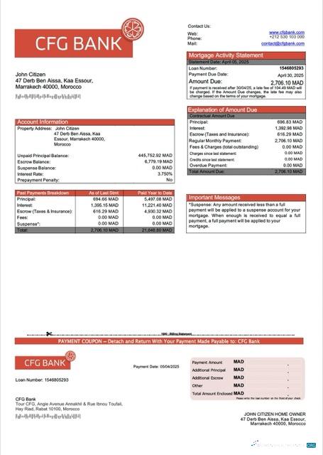 Редактируемый Скачать Марокко CFG Банк Ипотека Выписка Word и PDF Шаблон Photoshop Шаблон