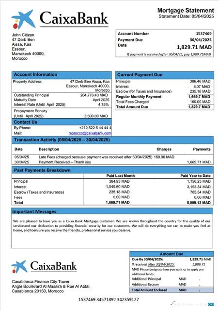 Реалистичный Скачать Марокко Caixa Банк Ипотека Выписка Word и PDF Шаблон Photoshop Шаблон