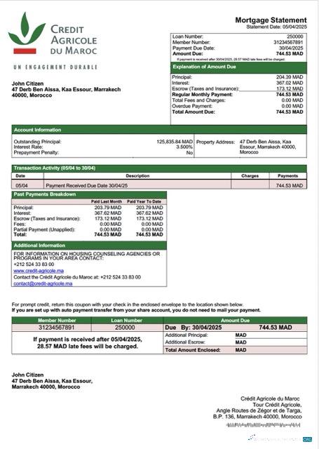 Редактируемый Скачать Марокко Crédit Agricole Du Maroc Ипотека Выписка Word и PDF Шаблон Photoshop Шаблон