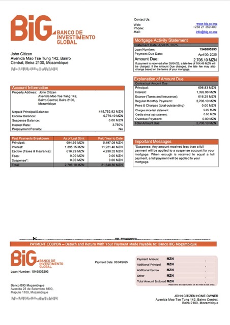 Качественный Скачать Мозамбик Banco BIG Moçambique Ипотека Выписка Word и PDF Шаблон Photoshop Шаблон