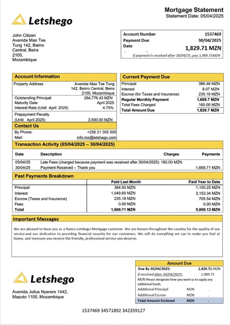 Качественный Скачать Мозамбик Banco Letshego Ипотека Выписка Word и PDF Шаблон Photoshop Шаблон