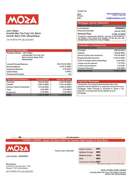 Профессиональный Скачать Мозамбик Moza Banco Ипотека Выписка Word и PDF Шаблон Photoshop Шаблон