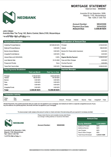 Редактируемый Скачать Мозамбик Nedbank Moçambique Ипотека Выписка Word и PDF Шаблон Photoshop Шаблон