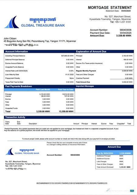 Качественный Скачать Мьянма Global Treasure Банк Ипотека Выписка Word и PDF Шаблон Photoshop Шаблон