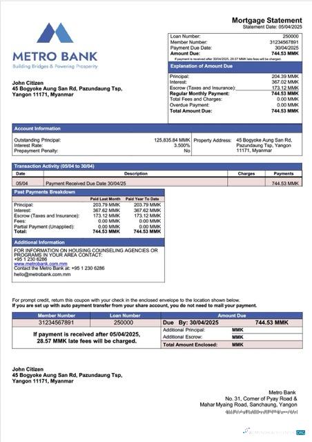 Качественный Скачать Мьянма Metro Банк Ипотека Выписка Word и PDF Шаблон Photoshop Шаблон