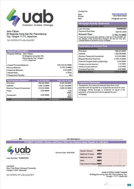 Премиум Скачать Мьянма Uab Банк Ипотека Выписка Word и PDF Шаблон Photoshop Шаблон