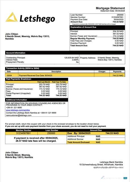 Премиум Скачать Намибия Letshego Банк Намибия Ипотека Выписка Word и PDF Шаблон Photoshop Шаблон