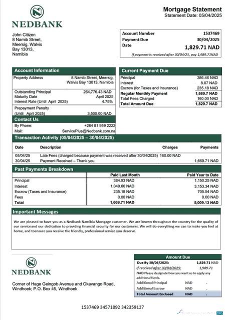 Профессиональный Скачать Намибия Nedbank Намибия ООО Ипотека Выписка Word и PDF Шаблон Photoshop Шаблон