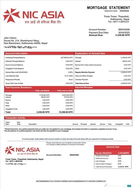 Редактируемый Скачать Непал NIC Asia Банк Ипотека Выписка Word и PDF Шаблон Photoshop Шаблон