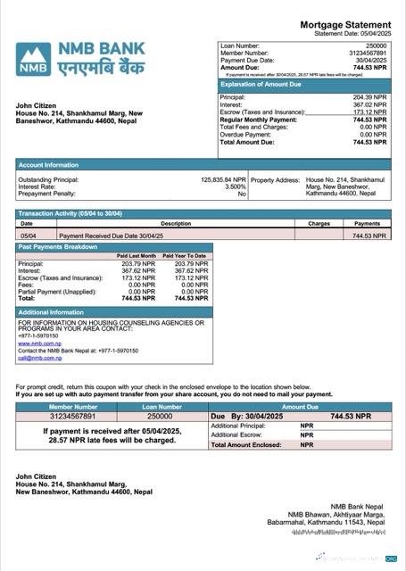 Профессиональный Скачать Непал NMB Банк Непал Ипотека Выписка Word и PDF Шаблон Photoshop Шаблон