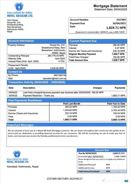 Реалистичный Скачать Непал SBI Банк Ипотека Выписка Word и PDF Шаблон Photoshop Шаблон