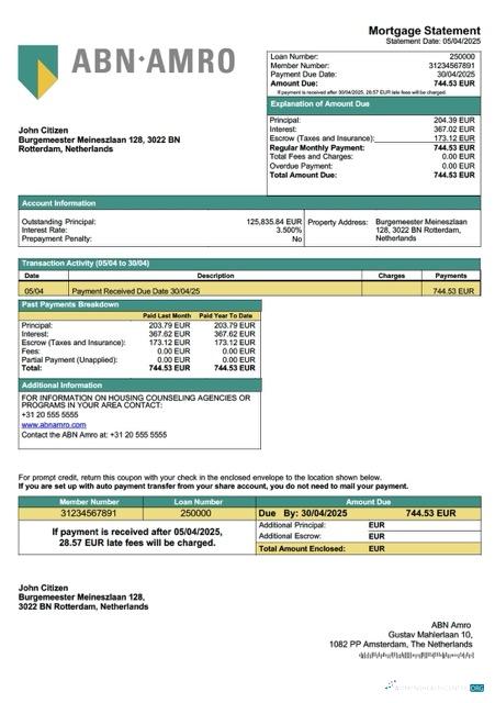 Премиум Скачать Нидерланды ABN Amro Ипотека Выписка Word и PDF Шаблон Photoshop Шаблон