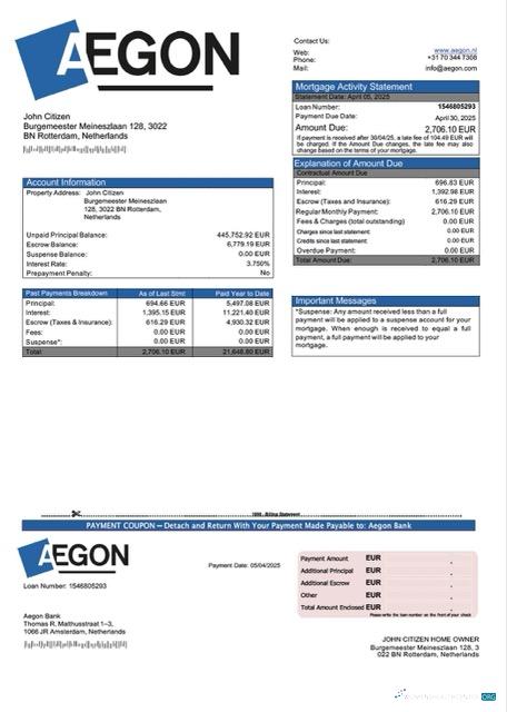 Редактируемый Скачать Нидерланды Aegon Банк Ипотека Выписка Word и PDF Шаблон Photoshop Шаблон