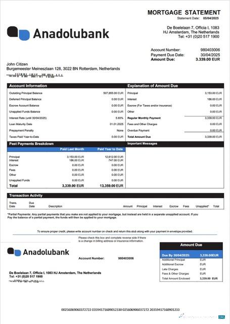 Редактируемый Скачать Нидерланды Anadolubank Nederland Ипотека Выписка Word и PDF Шаблон Photoshop Шаблон