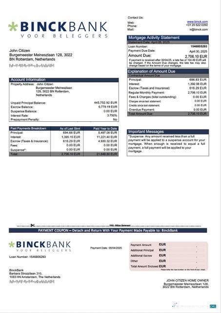 Премиум Скачать Нидерланды BinckBank Ипотека Выписка Word и PDF Шаблон Photoshop Шаблон
