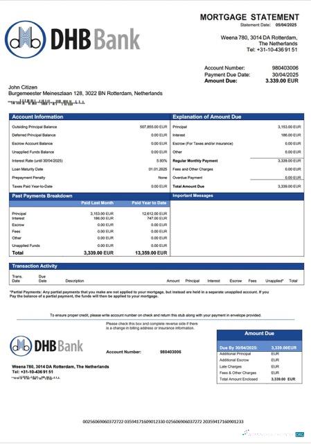 Реалистичный Скачать Нидерланды DHB Банк Ипотека Выписка Word и PDF Шаблон Photoshop Шаблон