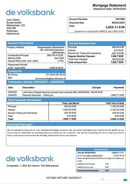 Редактируемый Скачать Нидерланды de Volksbank Ипотека Выписка Word и PDF Шаблон Photoshop Шаблон