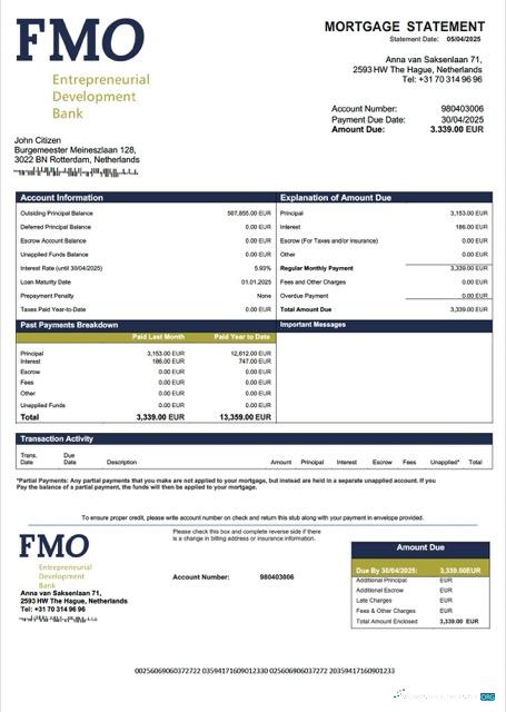 Профессиональный Скачать Нидерланды FMO Банк Ипотека Выписка Word и PDF Шаблон Photoshop Шаблон