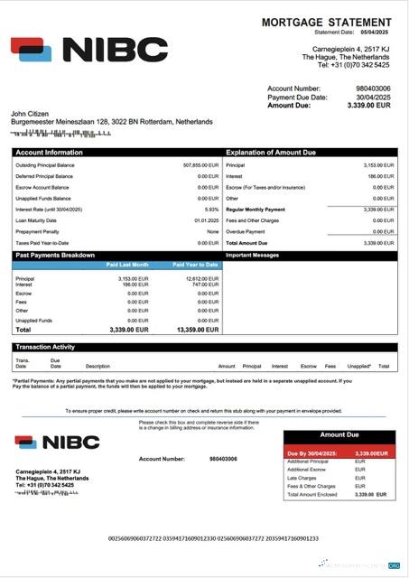 Редактируемый Скачать Нидерланды NIBC Банк Ипотека Выписка Word и PDF Шаблон Photoshop Шаблон