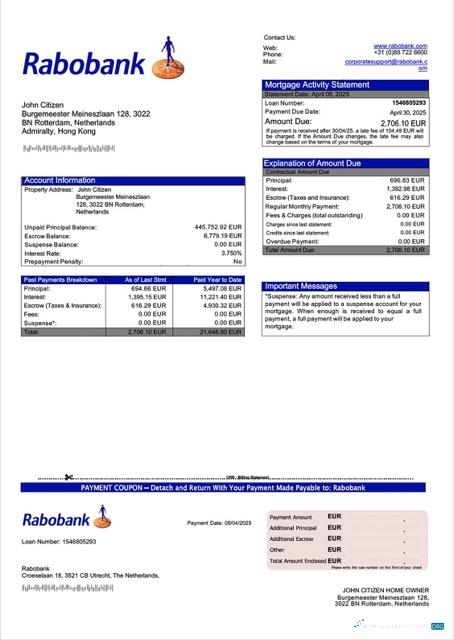 Редактируемый Скачать Нидерланды Rabobank Ипотека Выписка Word и PDF Шаблон Photoshop Шаблон