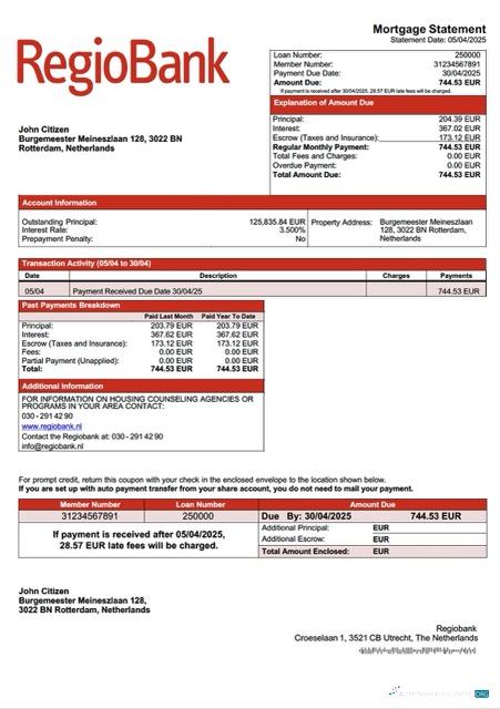 Премиум Скачать Нидерланды Regiobank Ипотека Выписка Word и PDF Шаблон Photoshop Шаблон