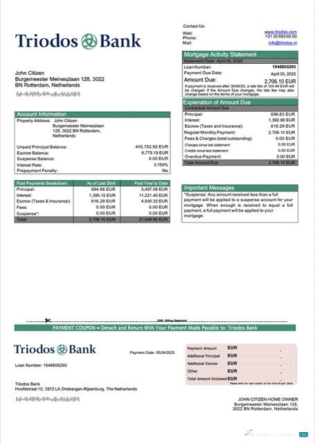 Реалистичный Скачать Нидерланды Triodos Банк Ипотека Выписка Word и PDF Шаблон Photoshop Шаблон