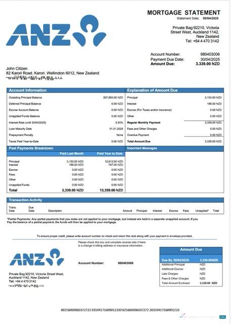 Профессиональный Скачать Новая Зеландия ANZ Банк Ипотека Выписка Word и PDF Шаблон Photoshop Шаблон