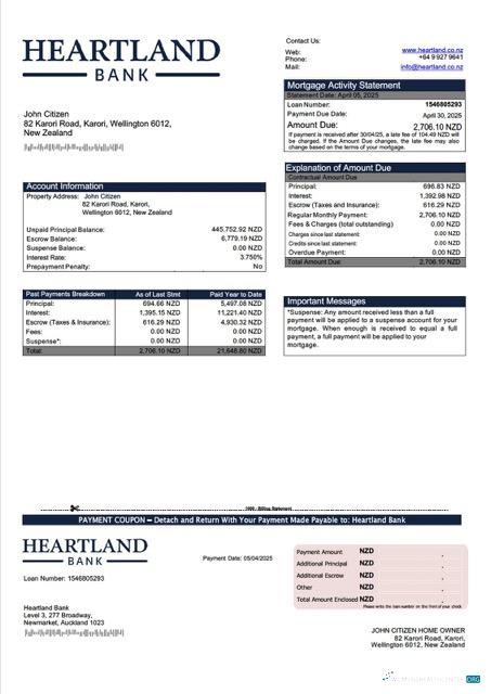 Качественный Скачать Новая Зеландия Heartland Банк Ипотека Выписка Word и PDF Шаблон Photoshop Шаблон